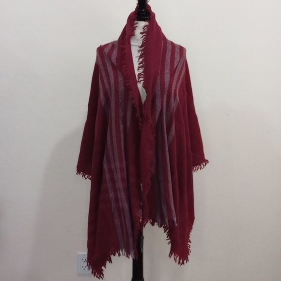 Eileen Fisher Sweaters - Eileen Fisher Burgundy Fringed Wool Blend Wrap/Shawl, OS